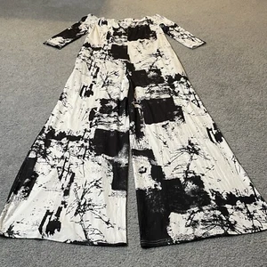 Women’s Off The Shoulder Jumpsuit Sz XL Wide Leg Black Abstract Stretch Party - Picture 1 of 13