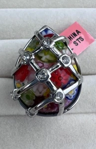 NWT Murano Style Millefiori Glass Stainless Steel Ring Crystals Bling Size 8.75 - Picture 1 of 12