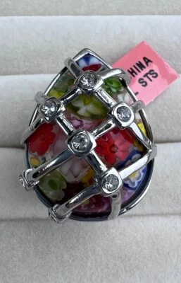 Nuevo con etiquetas Anillo de cristal de Murano estilo millefiori de acero inoxidable cristales Bling tamaño 8,75 Foto 1 de 4