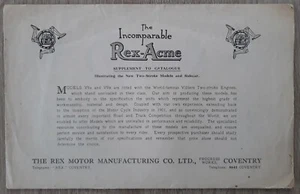 Folleto de motocicleta Rex-Acme V9A y V9B c.1924 inc. Millford Cutter Sidecar - Imagen 1 de 3