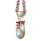 Freshwater Cultured White Pearl Keshi Pearl Multi Color Enamel Necklace 17"