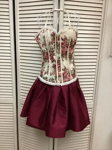 2 Piece Set Lydia Red Pink Ivory Floral Corset & Varga Maroon Bell Skirt - Picture 1 of 12