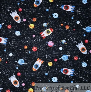 BonEful Fabric FQ Cotton Quilt Black Sky Star Planet Space Ship Shuttle Galaxy S - Picture 1 of 12