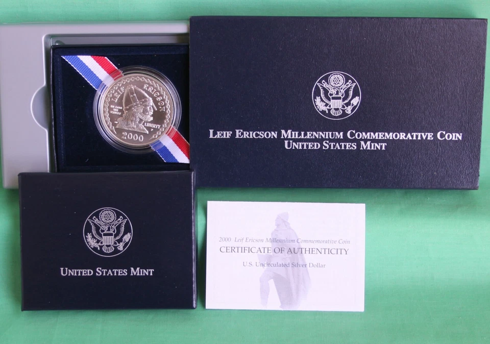 2000 P Leif Ericson Uncirculated Silver Coin Commemorative BU $1 with Box + COA - Image 1 of 4