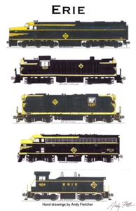 Póster de locomotoras negras y amarillas Erie Railroad 11""x17"" firmado por Andy Fletcher - Imagen 1 de 1