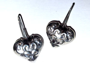 Vintage Repousse Heart Scroll Sterling Silver Dangle Earrings Embossed Design - Picture 1 of 7