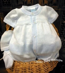 NWT Will'beth Blue 3pc Knit Button Jon Romper Newborn Baby Boys Hat Booties 0 - Picture 1 of 2