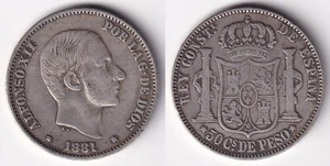 1881 ALFONSO XII 50 Centimos Spanish Philippine Silver Coin KM# 150, Stock - Z7 - Picture 1 of 4