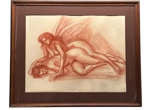 Original 1971 Raul Anguiano Signed "El Angel Del Deseo" Conte Pencil Drawing - Picture 1 of 8
