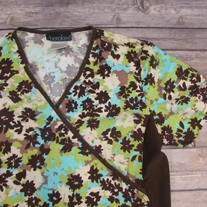Cherokee Floral Scrub Top Size XS Brown Blue Green Side Stretch Panels - Picture 1 of 5
