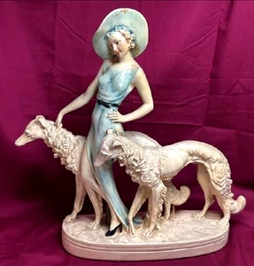 Vintage Art Deco Lady with Borzoi Dogs Chalkware Sculpture 1930s Figurine - Picture 1 of 7
