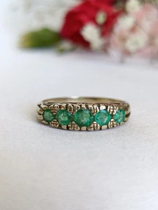 Ornate Vintage 9ct yellow gold & natural emerald 5 stone ring size 7 1/2 or O - Picture 1 of 10