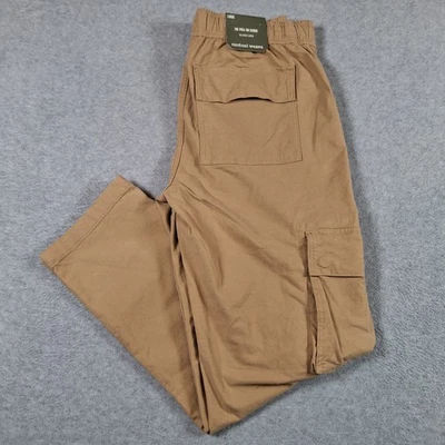 Mutual Weave Cargo Pant Large 35X32 Beige Relaxed Taper Elastic Waist Drawstring - Image 1 of 4