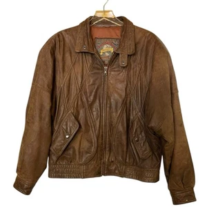 Adventure Bound Mens Brown Leather Bomber Jacket Sz L - Picture 1 of 13