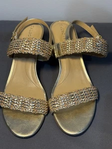 Talbot's Shoes Sandals Mimi Woven Gold Metallic Size 10.5 Block Heel - Picture 1 of 19