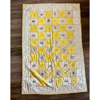 Antique Crib Quilt Rainbow Embroidered Butterfly Butter Yellow Ivory Silk AS IS - Image 1 of 4