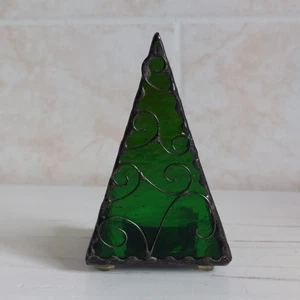 Weihnachtsbaum Teelichthalter grün Buntglas Metall verziert Spiegel H 11,5 cm - Bild 1 von 17