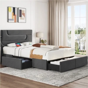 Upholstered Bed Queen with USB Charging Ports/4 Storage Drawers, Dark Gray/Beige - Picture 1 of 3