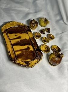 Vintage Studio Pottery Miniature Tea Set Gold & Brown Tortoise Shell Drip Glaze - Picture 1 of 7