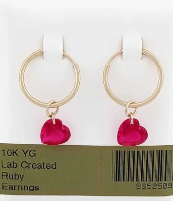 LAB CREATED 2.14 Cts RUBY DANGLING HOOP EARRINGS 10k YELLOW GOLD - New With Tag - Image 1 of 3