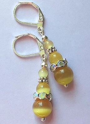 Pendiente gota PIÑA OJO DE GATO Y CRISTAL SP LEVERBACK hecho a mano  Foto 1 de 3