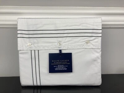 Ralph Lauren RL Organic Sateen Handkerchief Embroidery Flat Sheet Graphite KING - Image 1 of 3