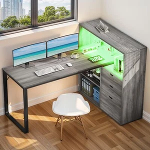 55" L Shaped Office Computer Desk Shelves File Drawers Storage LED Power Outlet - Picture 1 of 12