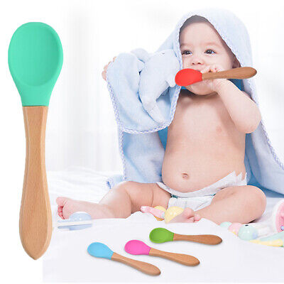 Baby Soft Silicone Feeding Spoon Wooden Handle Cutlery Utensils BPA Free Weaning • 3.69$