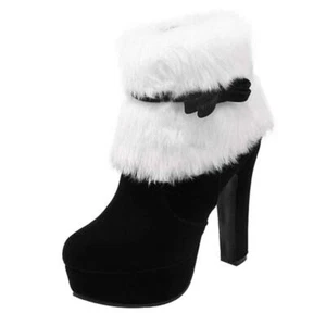 Womens Chunky High Heel Bow- Knot Side Zipper Faux Fur size 8 black - Picture 1 of 9