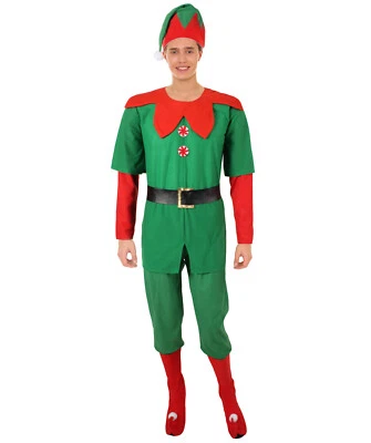 Взрослые мужчины Санта sidekick волшебный костюм, зеленая рубашка красный воротник и красно-зеленая шляпа - Изображение 1 из 4