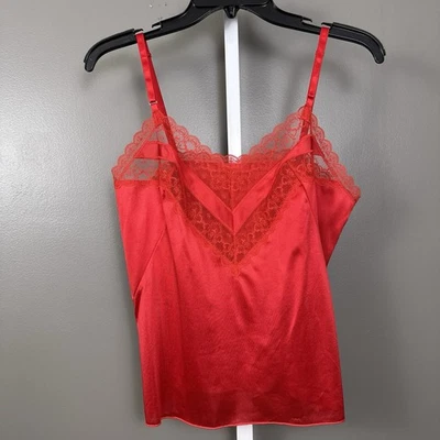 Vintage Vanity Fair Camisole Cami Top 36 Red Antron III Nylon Wide Lace V-Neck - Image 1 of 4