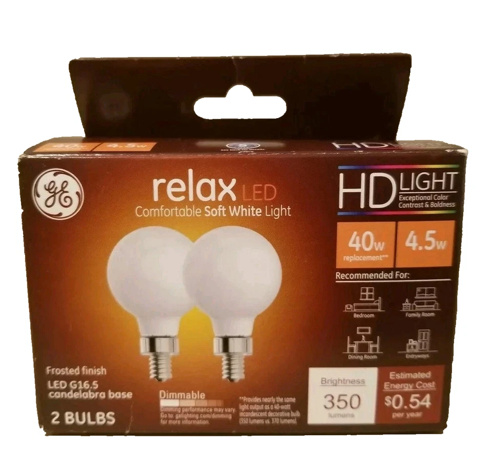 GE Relax LED 4.5W LED G16 Frosted Finish Bulb 40 Watt 350 Lumens 2 Bulbs 2 Pack - Image 1 of 1