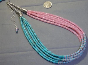 NAVAJO PEARLS Pink Shell KINGMAN TURQUOISE Sterling Silver 22-26" NECKLACE 😍 - Picture 1 of 9