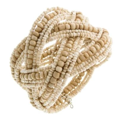 Natural Beige Cream Khaki Beads Braided Memory Wire Cuff Bracelet - Image 1 of 3
