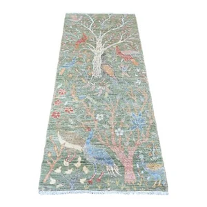 2'7"x6' Green Peshawar Birds Design Hand Knotted Soft Wool Runner Rug R20963 - Picture 1 of 6