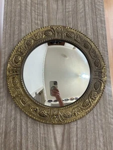 Specchio da parete rotondo vintage in ottone con vetro convesso e splendido design ornato oro - Foto 1 di 21