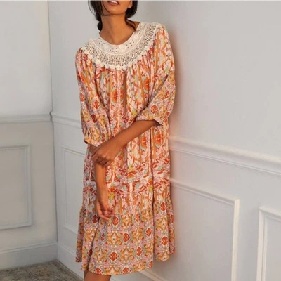 Vestido Anthropologie Midi Rosa Floral Florencia Cuello de Encaje Algodón Cabaña Talla XS Foto 1 de 4