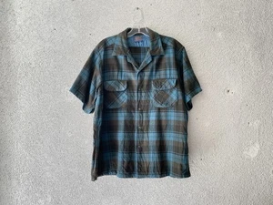 1960s/1970s vtg PENDLETON blue/green/blk/brown WOOL PLAID BOARD SHIRT L - Picture 1 of 4