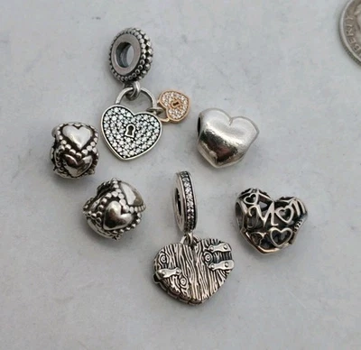 Lote de 6 Dijes PANDORA Plata Esterlina Cuentas Todos Diseños Corazón o Amor Foto 1 de 4