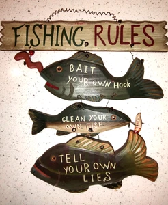 Fisherman's Rules Wooden Sign 12" x 12" - Picture 1 of 3