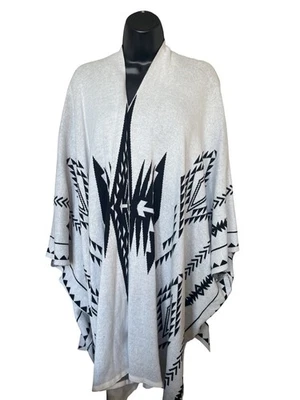 Poncho para mujer talla única talla Ruff delantero abierto - suroeste azteca - gris y negro Foto 1 de 3