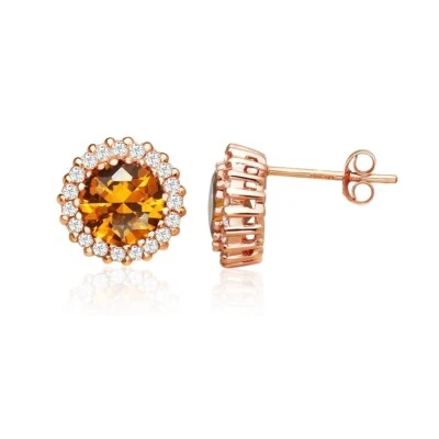 Round Halo Simulated Citrine & CZ Stud Earrings in Rose Gold Plated 925 Silver - Image 1 of 4