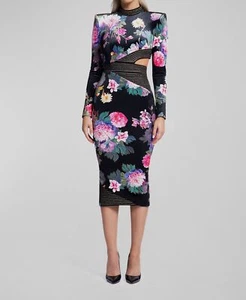 $625 Zhivago Women's Black Cutout Floral Velvet Midi Dress Size 2 - Picture 1 of 4