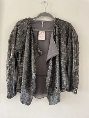 Free People Silver Gray Sequin Waterfall Jacket Cardigan Metallic Anthro Beaded - Image 1 of 4