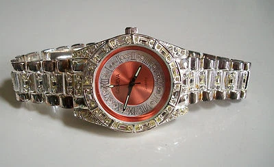 Reloj de pulsera de moda hip hop informal elegante esfera naranja acabado plateado para hombre Foto 1 de 4