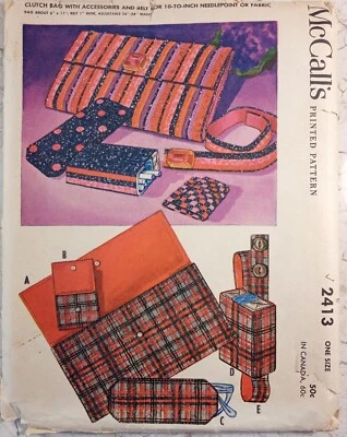 McCalls 2413 VTG 60s Clutch Purse Bag Accessories Belt Needlepoint UNCUT Pattern - Image 1 of 4