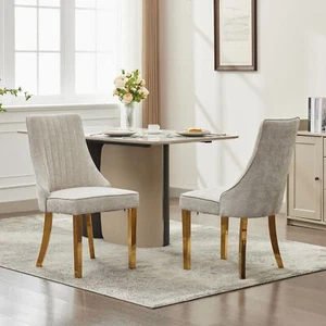 Set of 2 Chenille Upholstered Dining Chairs W/ Gold Stainless Steel Legs Beige - Picture 1 of 22