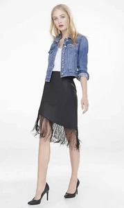 Express Womens Black Faux Leather Assymetrical Hem Fringe Pencil Skirt - Picture 1 of 3
