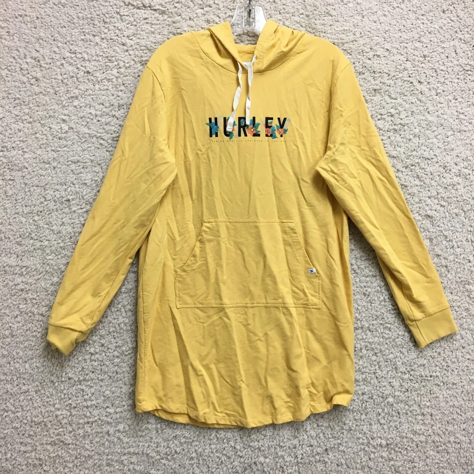 Hurley 毛衣大号成人黄色迷你连衣裙连帽套衫标志休闲女式 — 第 1/4 张图片