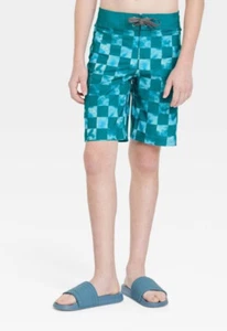 Boys' Pull-On Checkered Plaid Swim Shorts Trunks Bottoms Green Blue Size 12 - Picture 1 of 5